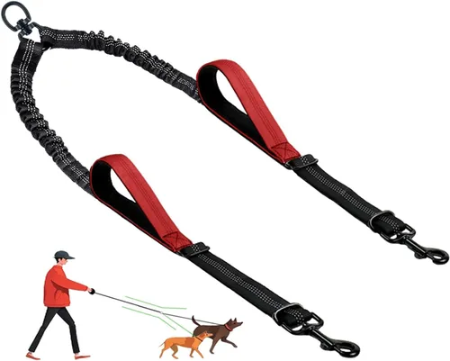 Miniatura 9 de Correa doble para perro, divisor sin enredos para dos perros, acoplador con cuerda de plomo larga ajustable, asas de control dual, elástico