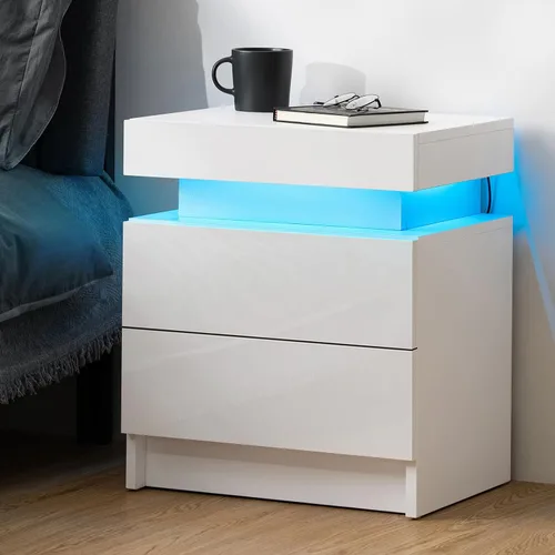 HOMMPA Mesita de noche LED, mesita de noche blanca con luces LED, moderna mesita de noche con 2 cajones de alto brillo, mesita de noche inteligente