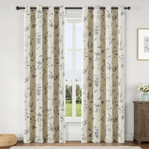 Miniatura 41 de ChrisDowa Cortinas florales 100% opacas de 63 pulgadas de largo, 2 paneles para dormitorio, sala de estar, estampado de flores negras