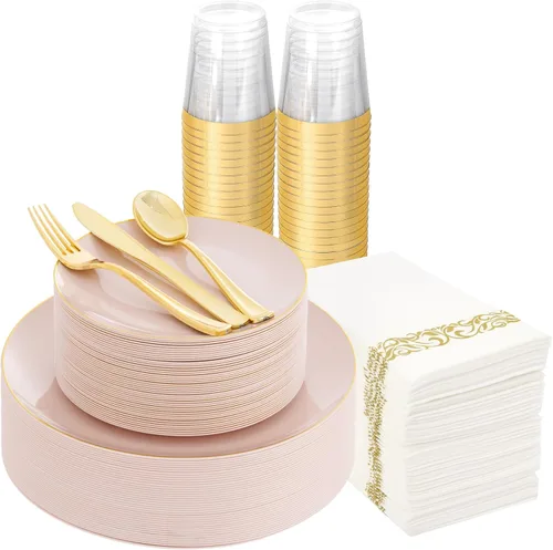 Miniatura 13 de Supernal 150 platos de plástico blanco y dorado, cubiertos de plástico dorado, juego de vajilla blanca incluye 60 platos, 30 tenedores, 30 Juego