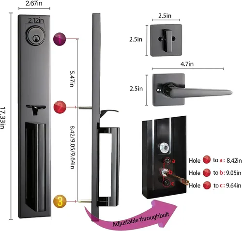 Miniatura 2 de Juego de cerradura de puerta doble para puerta delantera, para diestros y zurdos, con cerrojo y palanca, resistente, color negro peltre