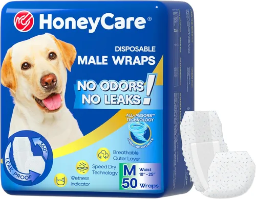 HONEY CARE All-Absorb A25 - Envoltura para perro macho, 50 unidades, mediano, color blanco