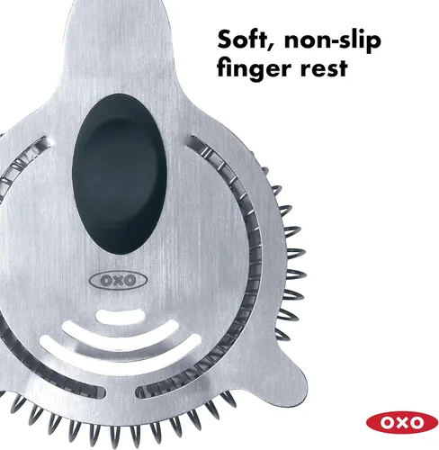Miniatura 7 de OXO Coctelera y mezclador de acero con cabeza de nailon antiarañazos y agarre antideslizante suave, plateado, 9 pulgadas y colador de cóctel