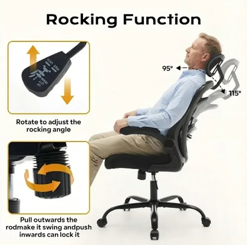 Miniatura 4 de Silla de oficina ergonómica de malla, silla de escritorio de respaldo alto con soporte lumbar ajustable y reposacabezas, reposabrazos abatibles