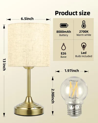 Miniatura 4 de Lámpara operada por pilas, 8000mAh, regulable, luz ambiental, 2700K, control táctil, portátil, pequeña, LED, inalámbrica, recargable, sin cables