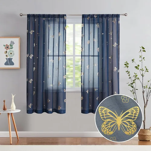 Miniatura 18 de Jubilantex Paneles de cortinas transparentes de mariposas negras y doradas de 52 pulgadas de ancho para dormitorio de niñas, elegantes cortinas