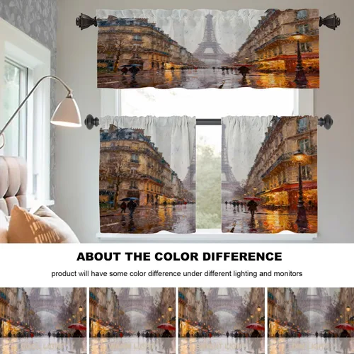 Miniatura 9 de Cortinas opacas de cocina con pintura al óleo de Europa rosa y negra para ventanas, cenefas opacas modernas de torre Eiffel de poliéster multicapa