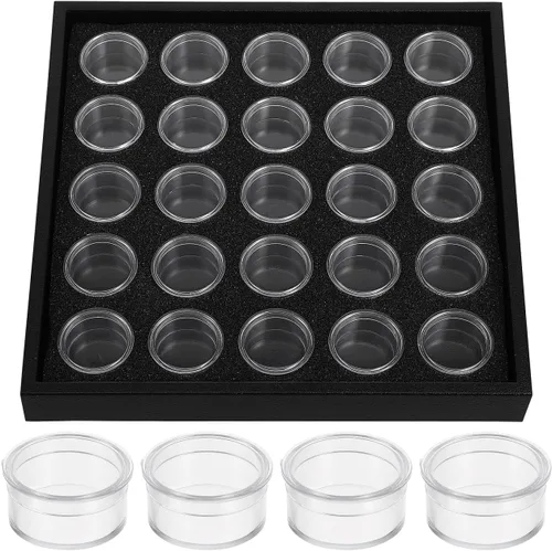KALLORY Caja de almacenamiento redonda de plástico transparente con diamantes para uñas, 25 rejillas, para manualidades, cuentas de gemas, estuche