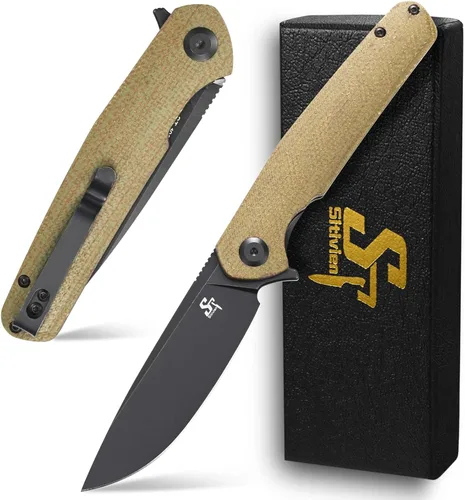 Miniatura 11 de Sitivien Cuchillo plegable ST102, hoja de acero D2+mango Micarta EDC herramienta cuchillo para exteriores, camping, caza, supervivencia (marrón)
