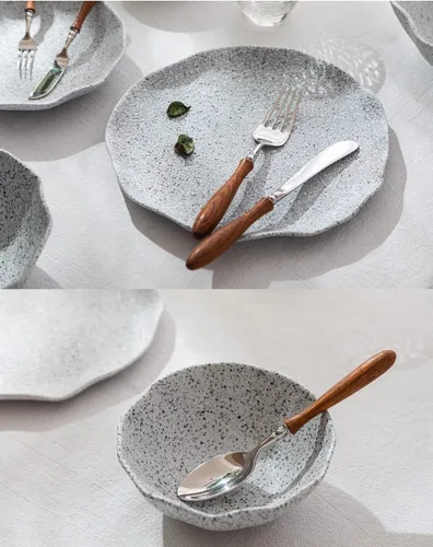 Miniatura 9 de Juego de cubiertos de mango de madera para 2, juego de cubiertos de lujo de acero inoxidable de 14 piezas, utensilios de cocina, juego de vajilla