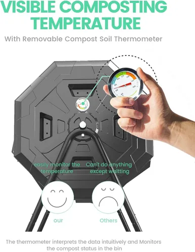 Miniatura 3 de Compostador giratorio mejorado 2021 con termómetro de compost - Contenedor de compost de jardín de cámara doble (43 galones, negro)