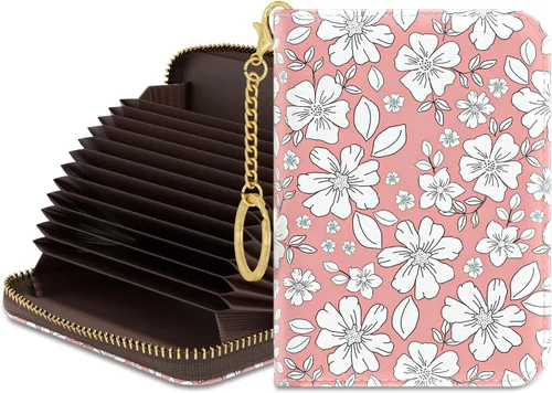 Miniatura 12 de Rouidr Tarjetero de crédito para mujer, pequeña cartera organizadora de tarjetas RFID delgada con cremallera y llavero, Elegante diseño floral.