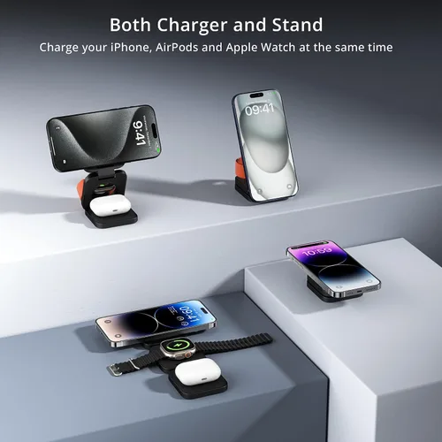 Miniatura 2 de Soporte de cargador inalámbrico 3 en 1, cargador magnético LULULOOK de 15 W, estación de carga rápida inalámbrica para iPhone 16/15/14, cargador