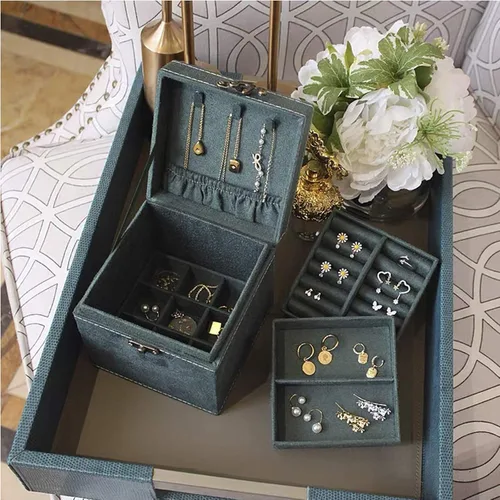 Miniatura 6 de Lemonadeus Organizador de joyas retro de terciopelo de 3 capas para mujeres y niñas pequeño joyero de viaje portátil aretes collares pulseras