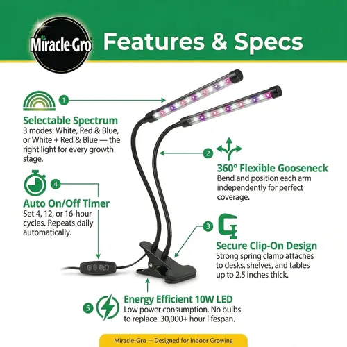 Miniatura 2 de Miracle-Gro, Luz de cultivo para plantas de interior – LED de 10 W, flexible de 2 cabezales, espectro seleccionable para plantas