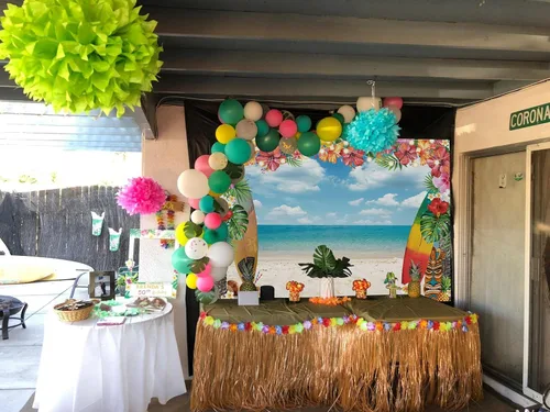 Miniatura 4 de Fondo de playa hawaiana para verano, cielo, océano, palmera tropical, tabla de surf, fondo de fotografía, baby shower, decoración de fiesta