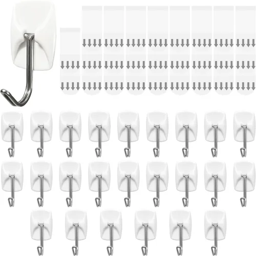 Ganchos pequeños de alambre para pared, 24 ganchos + 26 tiras adhesivas, ganchos de pared colgantes sin daños con tiras adhesivas, ganchos adhesivos