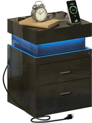 Miniatura 8 de ChooChoo Mesita de noche LED con estación de carga, mesita de noche inteligente con almacenamiento superior deslizante, mesa de noche de alto brillo