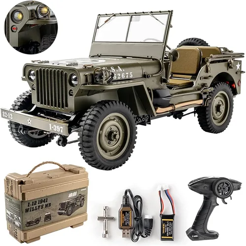 FMS RocHobby - Vehículo RC 1/12 1941 MB Scaler Willys Jeep Control Remoto Crawler Camión Militar 4x4 Todoterreno con Transmisor, Batería y Cargador,