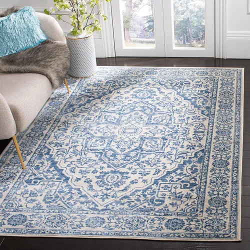 SAFAVIEH - Alfombra de la colección Brentwood - 6' x 9', azul marino y gris claro, diseño envejecido con medallón, no desprende pelusa y fácil azul