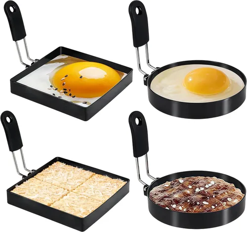 Miniatura 8 de Anillos de huevo para freír huevos, 3.5 pulgadas de acero inoxidable, para panqueques ingleses, magdalenas, con mango de silicona