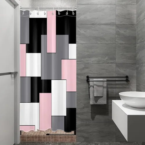 Miniatura 4 de HVEST Cortina de ducha moderna rosa con ganchos, cortina de ducha geométrica abstracta gris y blanco para baño, juego de cortina de ducha