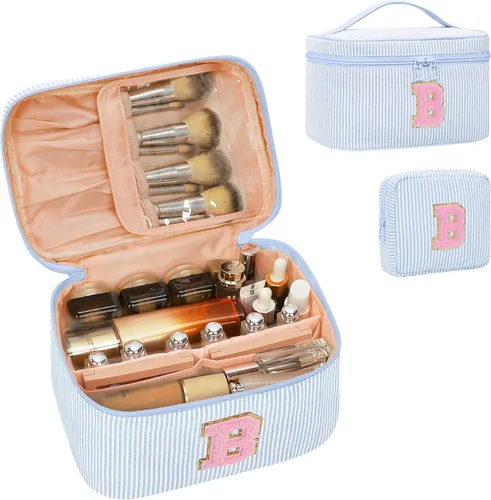 Miniatura 105 de Juego de bolsas de maquillaje con iniciales para niñas y mujeres, bolsa de cosméticos con monograma con soporte para cepillos, estuche de maquillaje