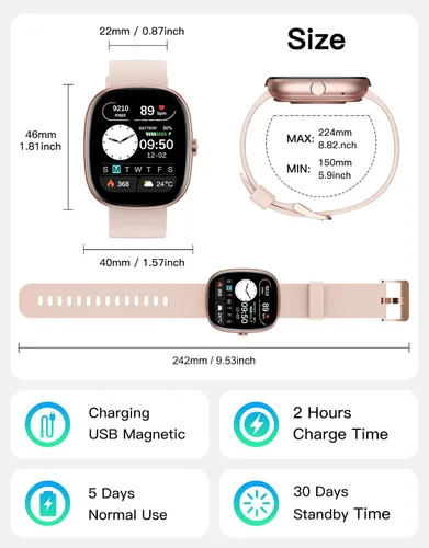 Miniatura 8 de Fitness Trackers for Men Women with Bluetooth Call 24/7 Heart Rate & Blood Oxygen Monitor Sleep Tracker, Steps/Calories Counter Rosa