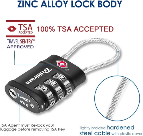 Miniatura 3 de Paquete de 4 cerraduras de equipaje aprobadas por la TSA, cerradura de cable de viaje combinada, candado impermeable de 3 dígitos, cerradura