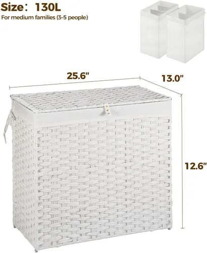 Miniatura 42 de GREENSTELL Cesta para ropa sucia con ruedas y tapa, 130 L, cesta grande de 3 secciones con 2 tipos de bolsas de forro extraíbles, 5 bolsas de malla
