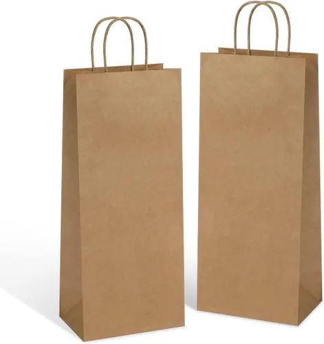 Poever Bolsas de papel kraft para vino con asas de 5.25 x 3.25 x 13 pulgadas para botellas de bebidas alcohólicas de whisky, 25 unidades, color