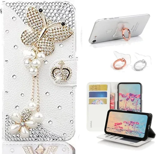Miniatura 9 de Bling - Funda tipo cartera compatible con iPod Touch 5 y iPod Touch 6, elegante funda de piel con diseño de mariposa 3D hecha a mano con soporte