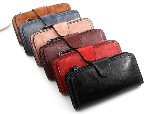 Miniatura 6 de Cartera de cuero para mujer, monedero de embrague para tarjetas de crédito, soporte para monedas, plegable, Cera de Aceite Marrón, Classic
