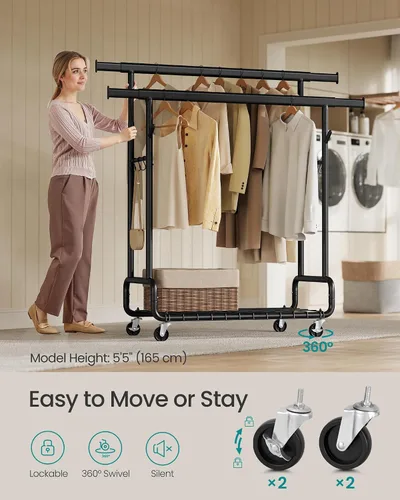 Miniatura 7 de SONGMICS Perchero de Ropa, Perchero de Ropa Rodante de Servicio Pesado con Ruedas, Barras Colgantes Dobles Extensibles y Altura Ajustable, Portátil