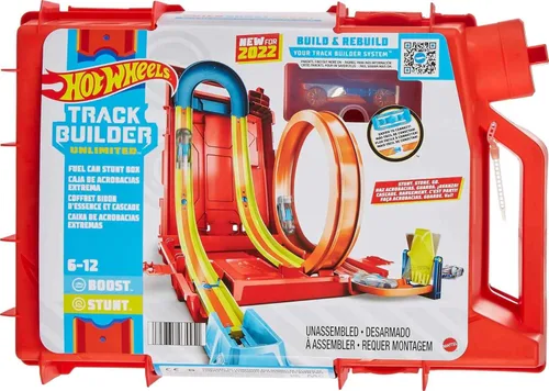 Hot Wheels Juego de autos de juguete, Track Builder Unlimited Playset Fuel Can Stunt Box, 14 piezas componentes y vehículo a escala 1:64