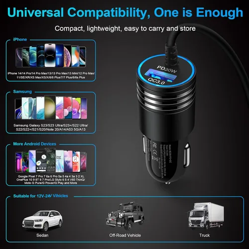 Miniatura 7 de Cargador de Coche Súper Rápido de 48W USB C Adaptador de Coche Rápido Android con Cable de Carga Rápida Tipo C de 30W Integrado para Samsung Galaxy