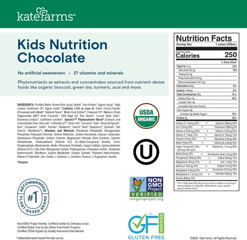 Miniatura 6 de KATE FARMS Batido de nutrición orgánica para niños, chocolate, 0.28 oz de proteína, 27 vitaminas y minerales, reemplazo de comida, sin gluten, sin