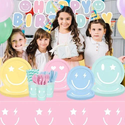 Miniatura 3 de 199 piezas de decoración de cumpleaños con cara sonriente y juego de platos temáticos y servilletas con temática de pastel sonriente, globo