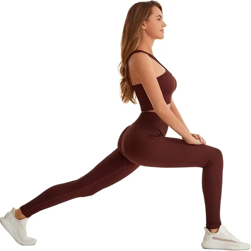 Miniatura 7 de Yknktstc Conjuntos de entrenamiento para mujer, brasier deportivo acanalado sin costuras, traje de 2 piezas, cintura alta, gimnasio, yoga, leggings