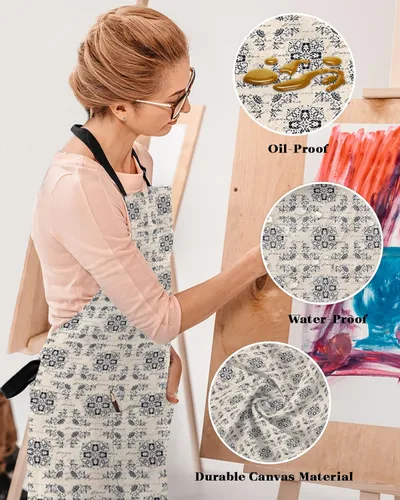 Miniatura 4 de Waterproof Apron with 2 Pockets, Vintage Middle Agesl Floral Text Pattern Adjustable Man and Women Kitchen Bib Apron for Baking Cooking Restaurant