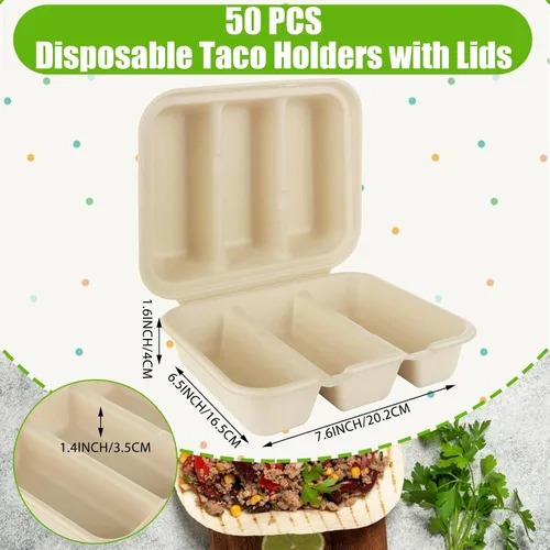 Miniatura 2 de 50 soportes desechables para tacos con tapas, platos para tacos con 3 divisores, bandejas de tacos desechables para llevar, soportes para tacos
