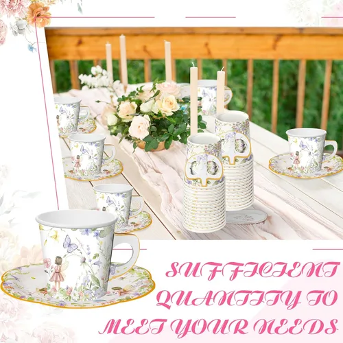 Miniatura 5 de Umigy 60 juegos de decoraciones para fiestas de té, 6.5 onzas, tazas de té de papel floral de hadas con asa y platos, juegos de tazas de té y Azul