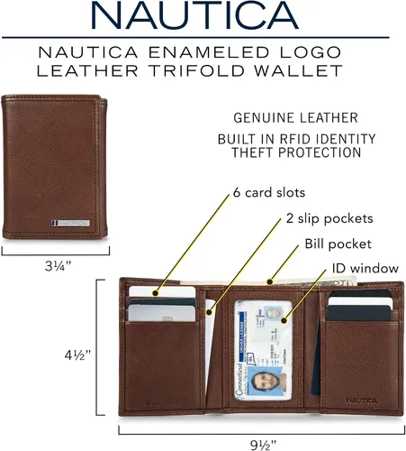 Miniatura 18 de Nautica Men's Trifold Wallet RFID Blocking Protection ID Window Card Slots Genuine Leather Durable