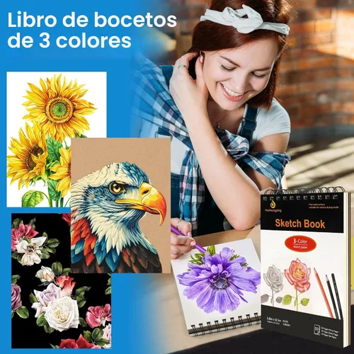 Miniatura 4 de Kit de 100 suministros de arte para dibujo, juego de suministros de dibujo profesional con cuaderno de bocetos de 3 colores, libro para colorear