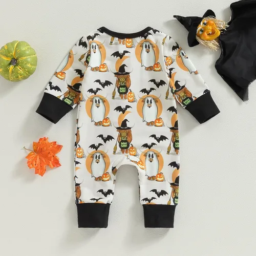 Miniatura 3 de Wrrkayly Ropa de Halloween para bebés niños y niñas, recién nacidos, manga larga, con capucha, mameluco de calabaza, fantasma, con cremallera