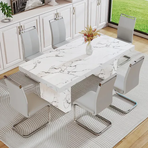 Miniatura 37 de gopop Mesa de comedor de mármol de 63 pulgadas, tablero de mesa de comedor MDF con patrón de mármol y base para cocina y comedor.