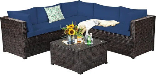 Miniatura 36 de Tangkula Juego de muebles de mimbre de patio de 7 piezas, juego de sofá modular de ratán para 6 personas con cojines de asiento y respaldo, 2 Azul