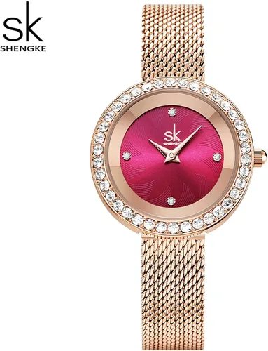 Miniatura 7 de SHENGKE Reloj de mujer de lujo analógico de cuarzo de moda de cuarzo para mujer, reloj impermeable para mujer Relogio Feminino, K0169-rosa rojo