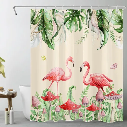 Miniatura 18 de Juego de cortinas de ducha de flamenco rosa, hoja verde salvia con hongo rojo, cortina de ducha para baño, cortina de ducha tropical de hoja