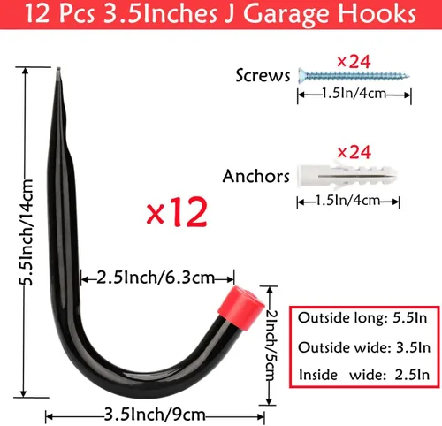 Miniatura 2 de Paquete de 12 ganchos de almacenamiento de garaje de acero resistente, 3.5 pulgadas montado en la pared J Utility Hanger, soporta hasta 50 libras